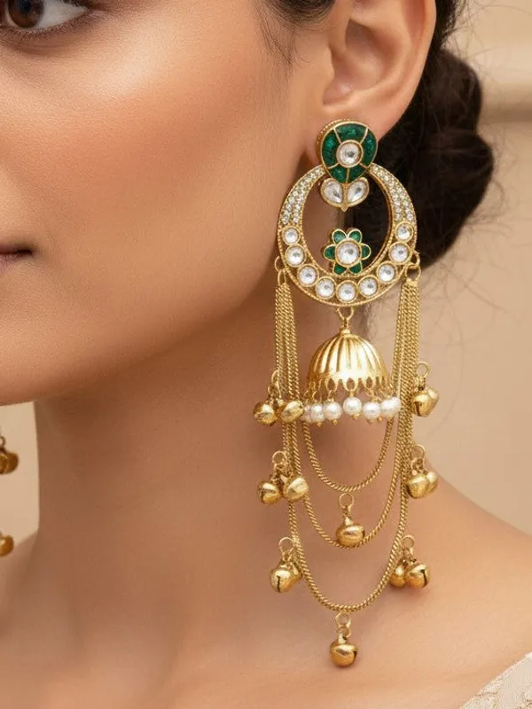 Ethnic_Kashmiri_Style_Gold_Plated_Drop_Earrings_With_Kundan_&_Bell_Tassels