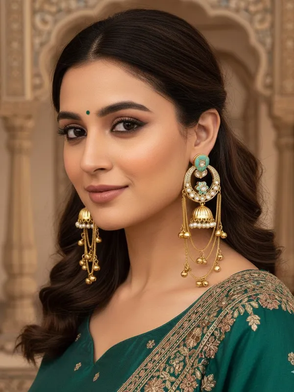 Ethnic_Kashmiri_Style_Gold_Plated_Drop_Earrings_With_Kundan_&_Bell_Tassels