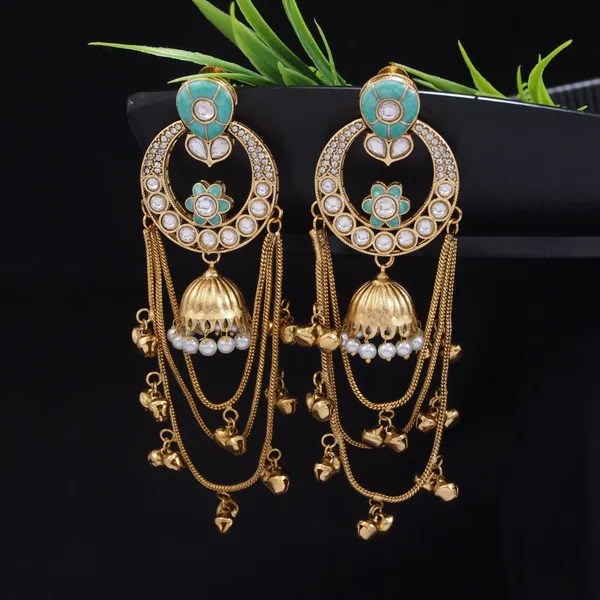 Ethnic_Kashmiri_Style_Gold_Plated_Drop_Earrings_With_Kundan_&_Bell_Tassels