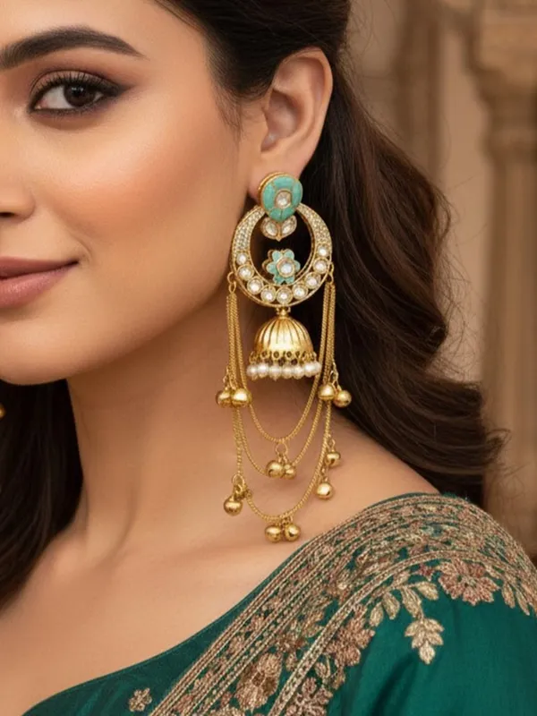 Ethnic_Kashmiri_Style_Gold_Plated_Drop_Earrings_With_Kundan_&_Bell_Tassels
