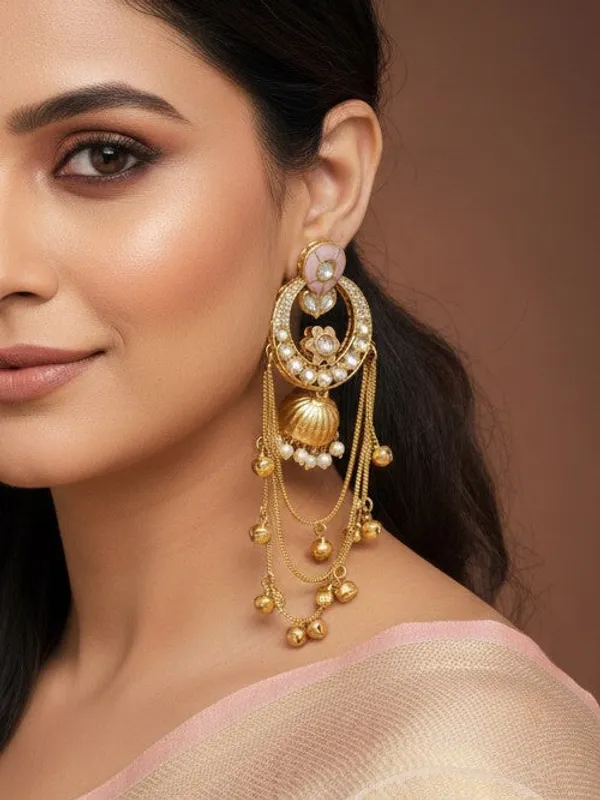 Ethnic_Kashmiri_Style_Gold_Plated_Drop_Earrings_With_Kundan_&_Bell_Tassels