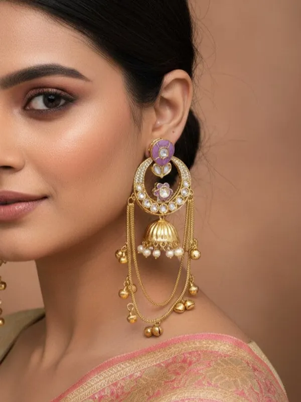 Ethnic_Kashmiri_Style_Gold_Plated_Drop_Earrings_With_Kundan_&_Bell_Tassels