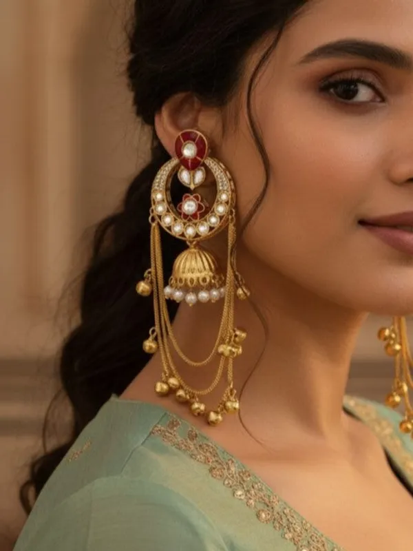 Ethnic_Kashmiri_Style_Gold_Plated_Drop_Earrings_With_Kundan_&_Bell_Tassels