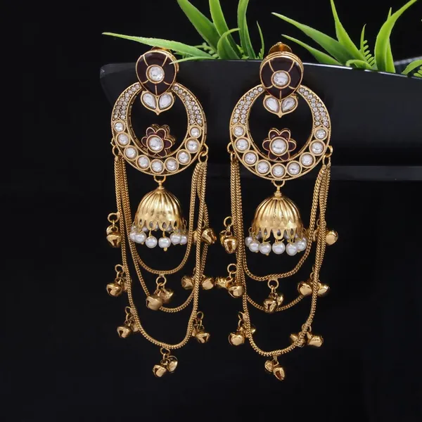 Ethnic_Kashmiri_Style_Gold_Plated_Drop_Earrings_With_Kundan_&_Bell_Tassels