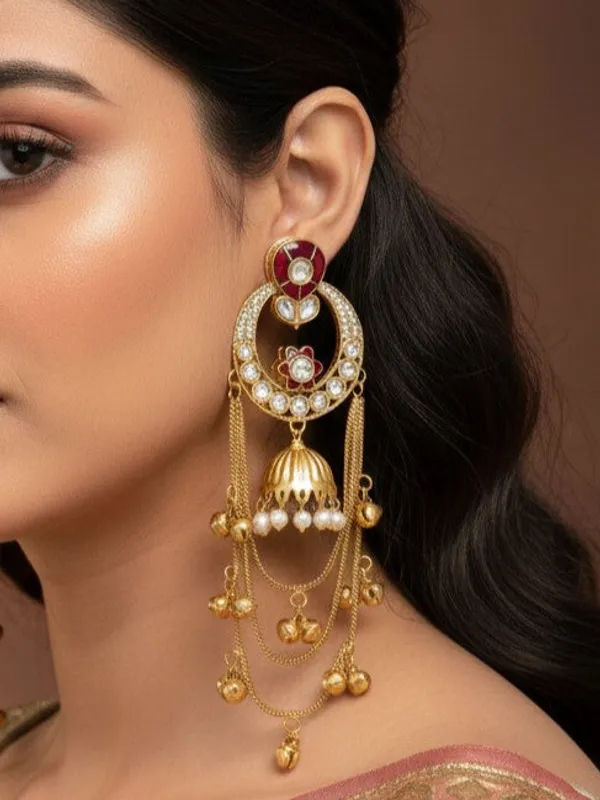 Ethnic_Kashmiri_Style_Gold_Plated_Drop_Earrings_With_Kundan_&_Bell_Tassels