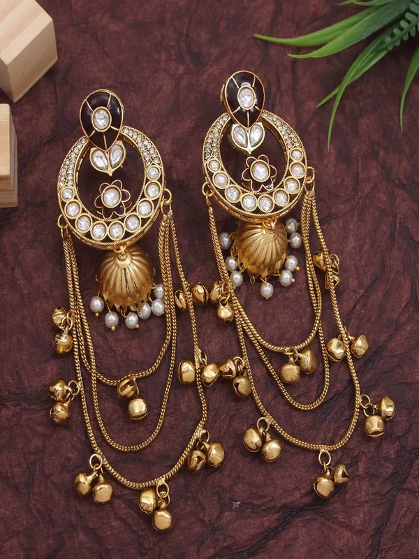 Ethnic_Kashmiri_Style_Gold_Plated_Drop_Earrings_With_Kundan_&_Bell_Tassels