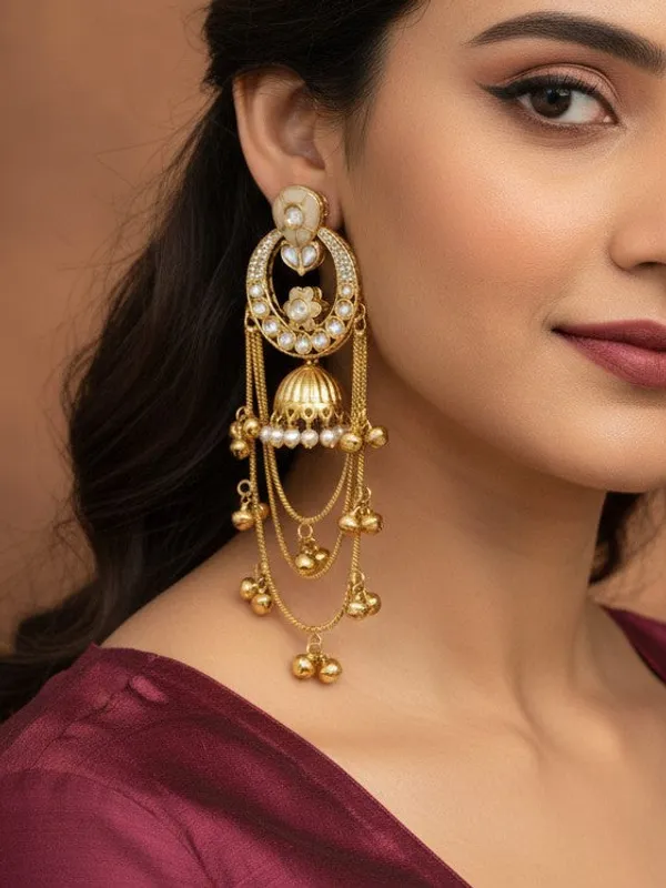 Ethnic_Kashmiri_Style_Gold_Plated_Drop_Earrings_With_Kundan_&_Bell_Tassels