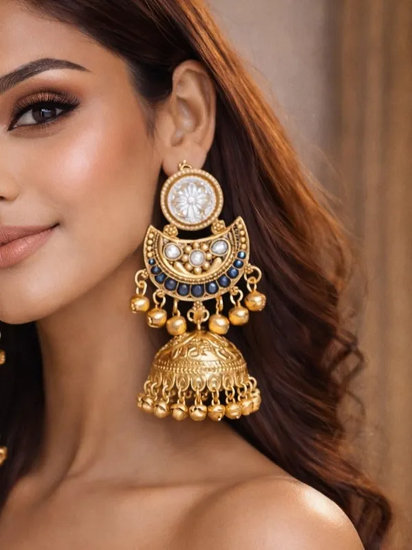 Gold_Plated_Kashmiri_Jhumka_Earrings_With_Kundan_Work_&_Ghungroo_Danglers