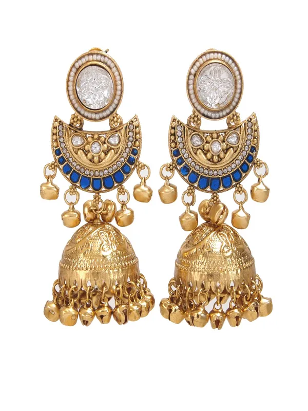 Gold_Plated_Kashmiri_Jhumka_Earrings_With_Kundan_Work_&_Ghungroo_Danglers