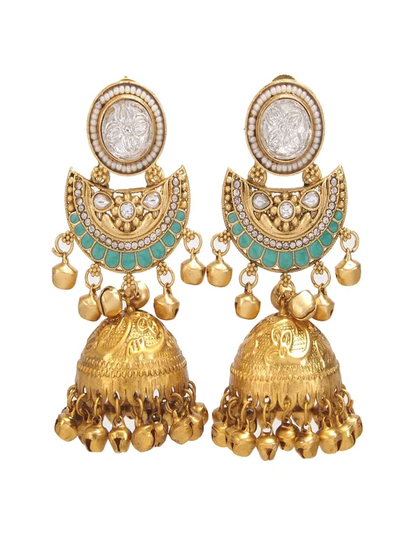 Gold_Plated_Kashmiri_Jhumka_Earrings_With_Kundan_Work_&_Ghungroo_Danglers