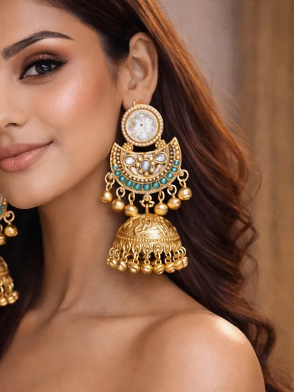 Gold_Plated_Kashmiri_Jhumka_Earrings_With_Kundan_Work_&_Ghungroo_Danglers