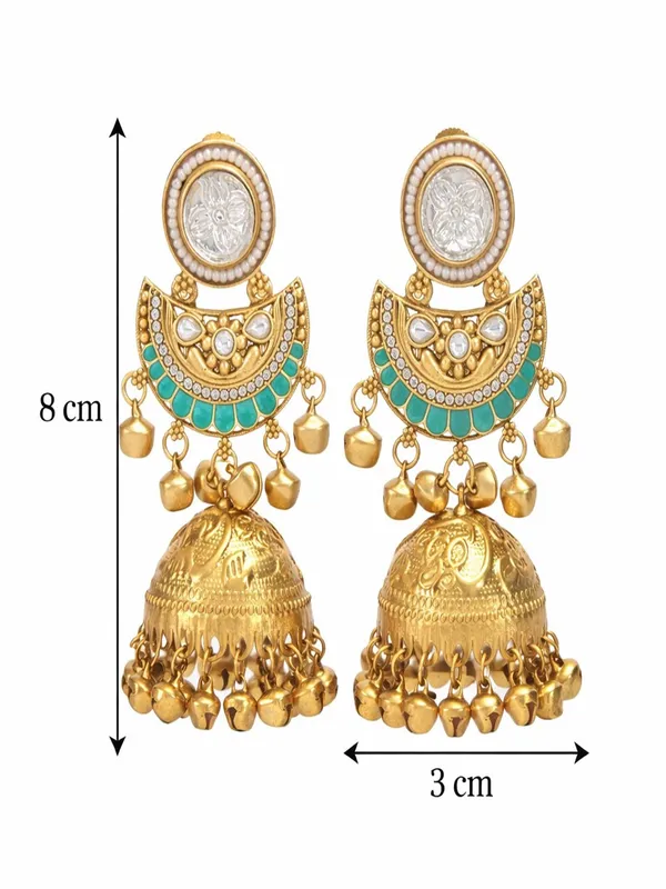 Gold_Plated_Kashmiri_Jhumka_Earrings_With_Kundan_Work_&_Ghungroo_Danglers