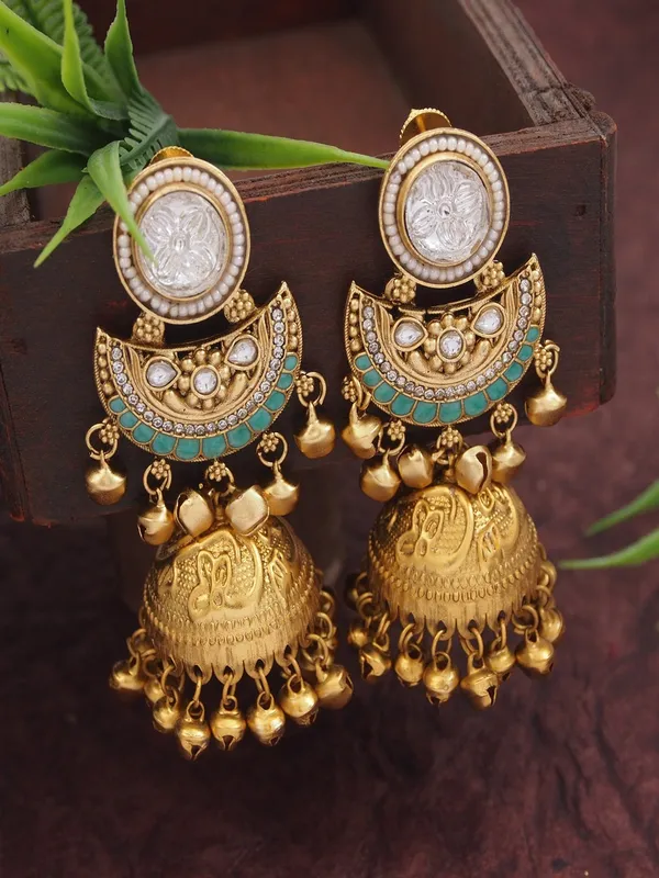 Gold_Plated_Kashmiri_Jhumka_Earrings_With_Kundan_Work_&_Ghungroo_Danglers