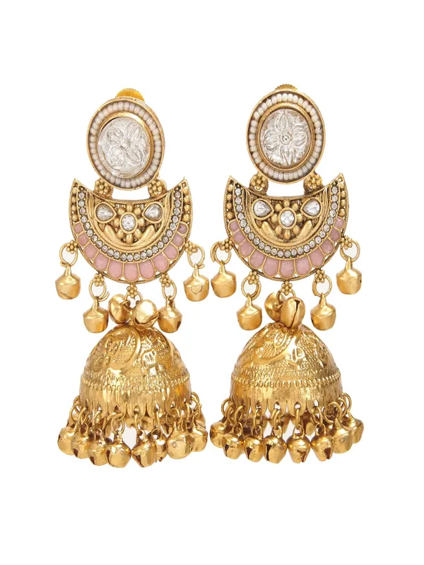 Gold_Plated_Kashmiri_Jhumka_Earrings_With_Kundan_Work_&_Ghungroo_Danglers