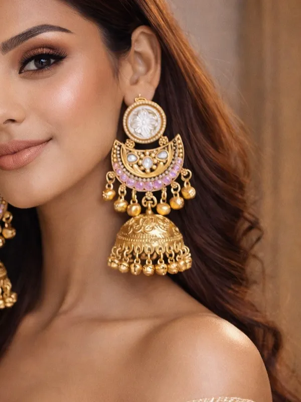 Gold_Plated_Kashmiri_Jhumka_Earrings_With_Kundan_Work_&_Ghungroo_Danglers