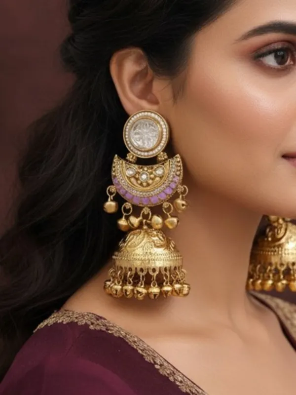 Gold_Plated_Kashmiri_Jhumka_Earrings_With_Kundan_Work_&_Ghungroo_Danglers