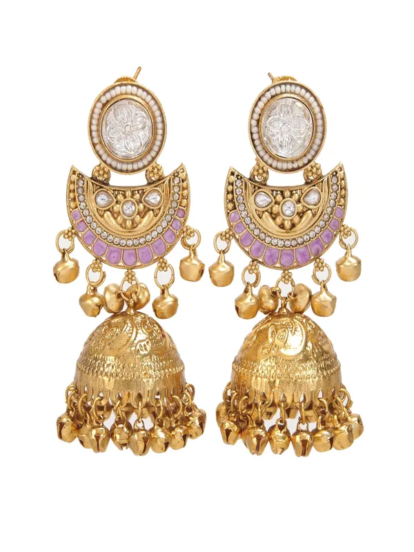 Gold_Plated_Kashmiri_Jhumka_Earrings_With_Kundan_Work_&_Ghungroo_Danglers