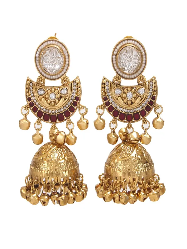 Gold_Plated_Kashmiri_Jhumka_Earrings_With_Kundan_Work_&_Ghungroo_Danglers