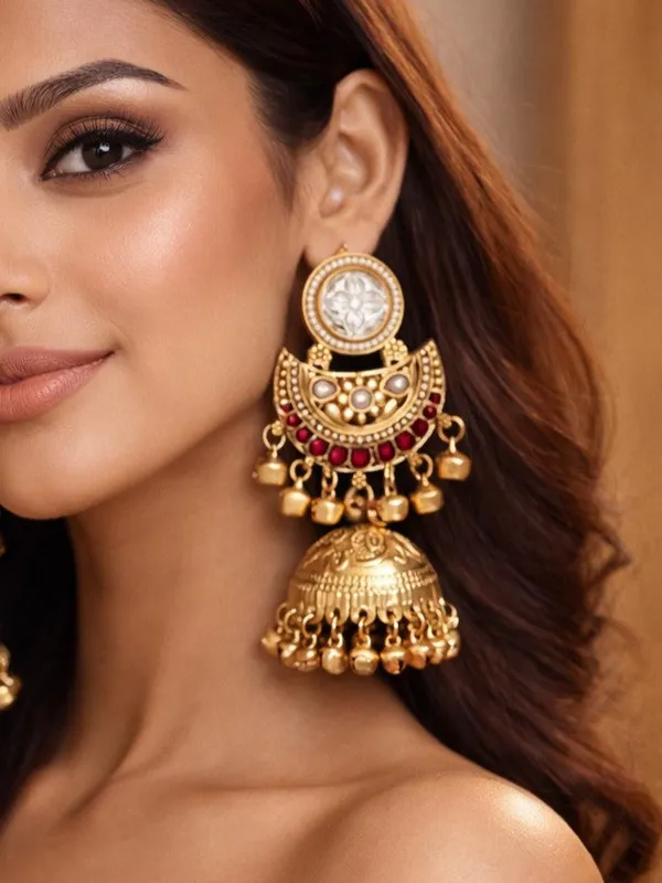 Gold_Plated_Kashmiri_Jhumka_Earrings_With_Kundan_Work_&_Ghungroo_Danglers