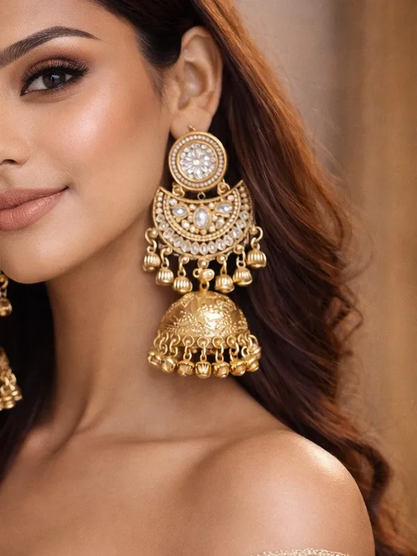 Gold_Plated_Kashmiri_Jhumka_Earrings_With_Kundan_Work_&_Ghungroo_Danglers