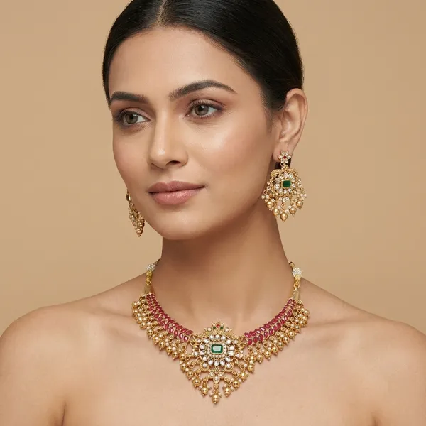 Royal_Floral_Green_And_Red_Beaded_Necklace_Set_With_Matching_Earrings