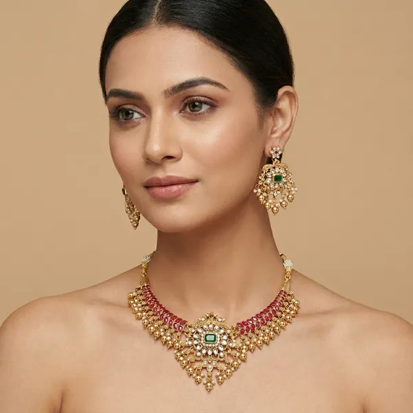 Royal_Floral_Green_And_Red_Beaded_Necklace_Set_With_Matching_Earrings