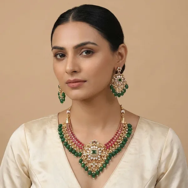 Royal_Floral_Green_And_Red_Beaded_Necklace_Set_With_Matching_Earrings