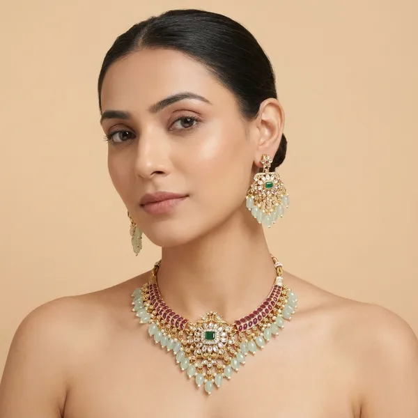 Royal_Floral_Green_And_Red_Beaded_Necklace_Set_With_Matching_Earrings