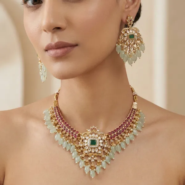Royal_Floral_Green_And_Red_Beaded_Necklace_Set_With_Matching_Earrings