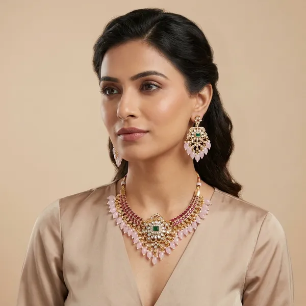 Royal_Floral_Green_And_Red_Beaded_Necklace_Set_With_Matching_Earrings