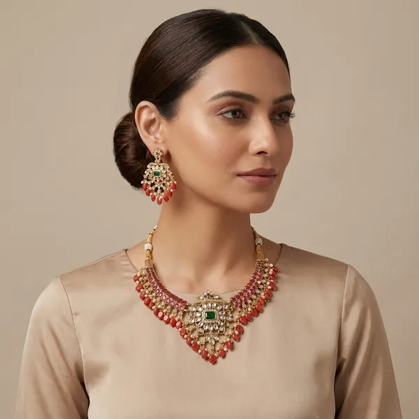 Royal_Floral_Green_And_Red_Beaded_Necklace_Set_With_Matching_Earrings