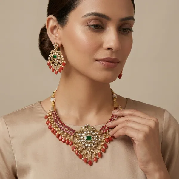 Royal_Floral_Green_And_Red_Beaded_Necklace_Set_With_Matching_Earrings