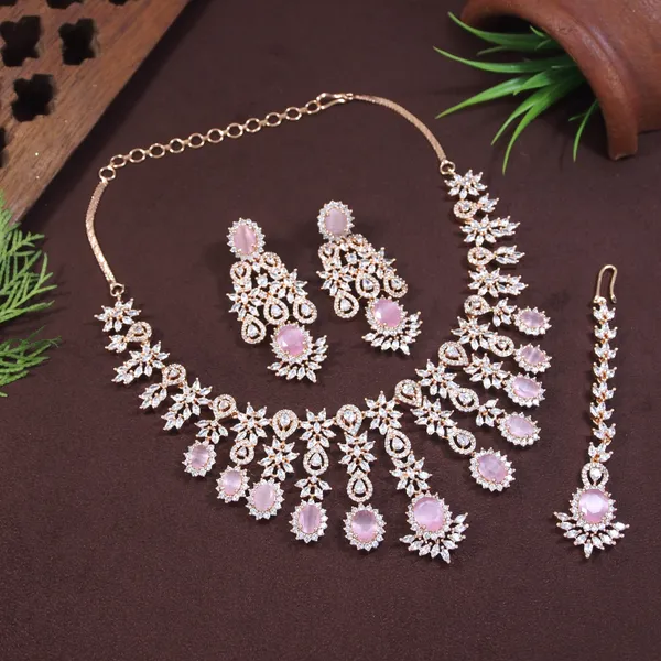 American_Diamond_Pink_Zircon_Rose_Gold_Necklace_Set