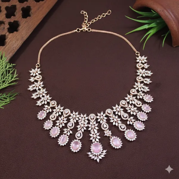 American_Diamond_Pink_Zircon_Rose_Gold_Necklace_Set