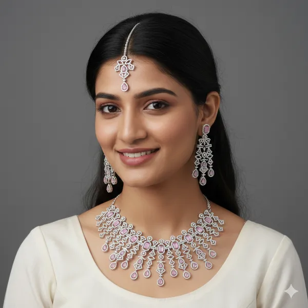 American_Diamond_Pink_Zircon_Silver_Necklace_Set