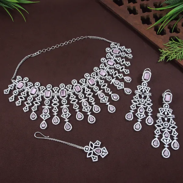 American_Diamond_Pink_Zircon_Silver_Necklace_Set