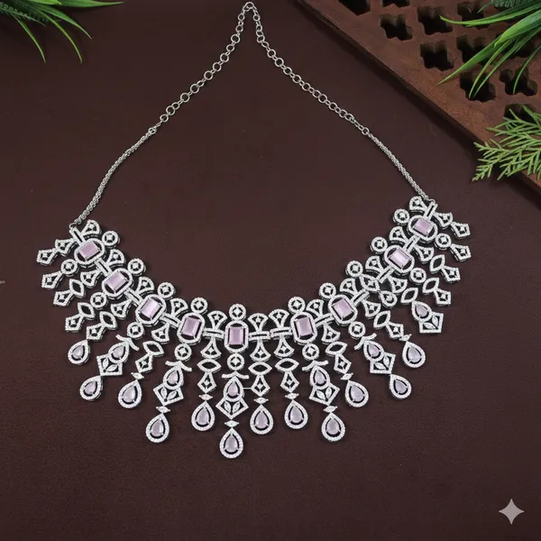 American_Diamond_Pink_Zircon_Silver_Necklace_Set
