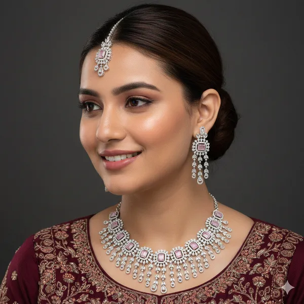 American_Diamond_Pink_Zircon_Silver_Necklace_Set