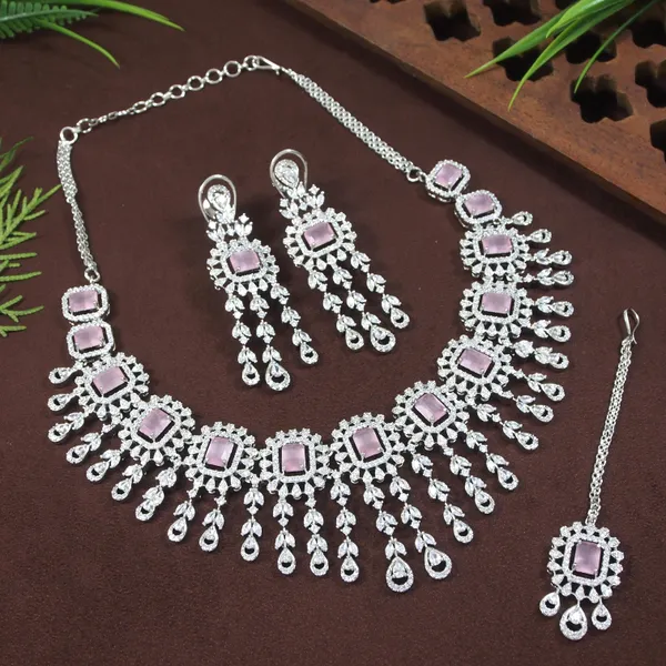 American_Diamond_Pink_Zircon_Silver_Necklace_Set