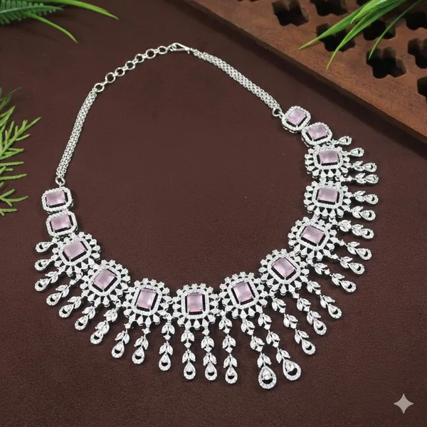 American_Diamond_Pink_Zircon_Silver_Necklace_Set