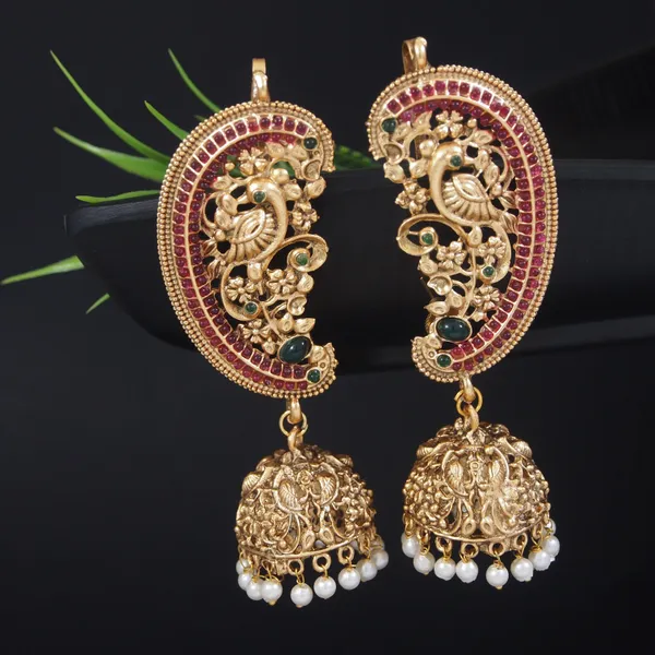 Antique_Gold_Finish_Peacock_Design_Jhumka_Earrings_With_Ruby,_Emerald,_And_Pearl_Accents