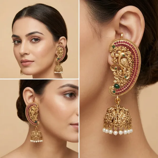 Antique_Gold_Finish_Peacock_Design_Jhumka_Earrings_With_Ruby,_Emerald,_And_Pearl_Accents