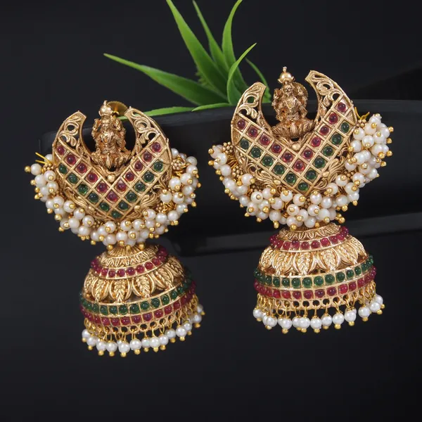 Antique_Temple_Jhumka_Earrings_With_Lakshmi_Motif,_Ruby,_Emerald,_And_Pearl_Accents