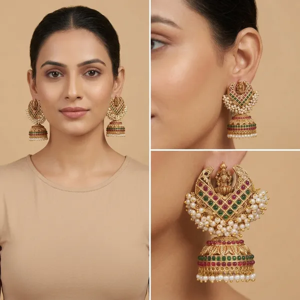 Antique_Temple_Jhumka_Earrings_With_Lakshmi_Motif,_Ruby,_Emerald,_And_Pearl_Accents