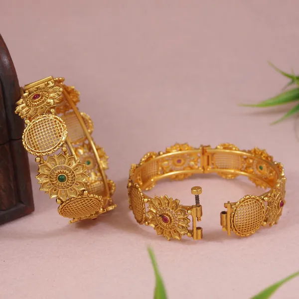 Antique_Gold_Finish_Sunflower_Motif_Bangles_With_Gemstone_Accents_Traditional_Temple_Jewelry