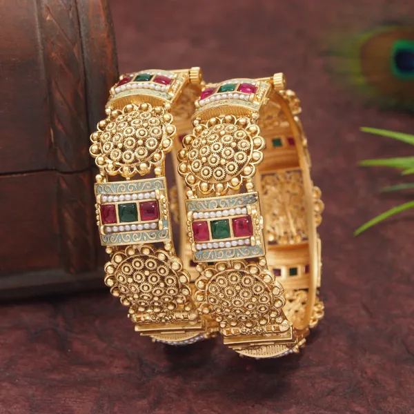 Antique_Gold_Plated_Bangles_With_Red_&_Green_Stone_And_Pearl_Detailing