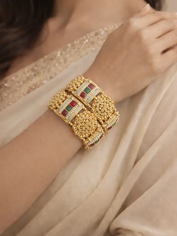 Antique_Gold_Plated_Bangles_With_Red_&_Green_Stone_And_Pearl_Detailing