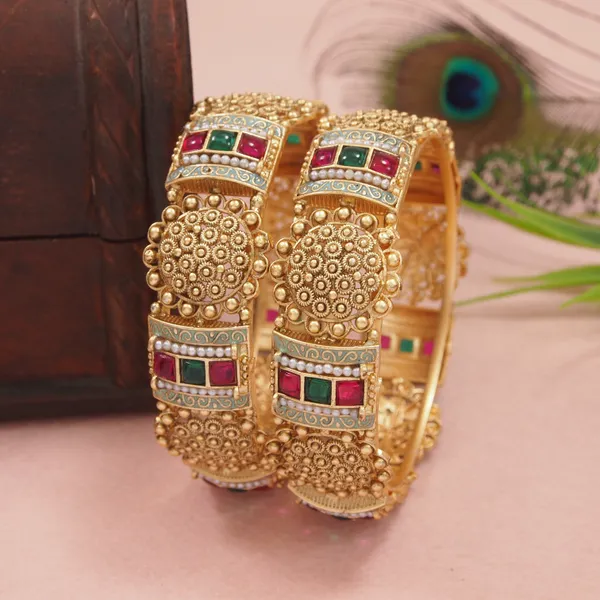 Antique_Gold_Plated_Bangles_With_Red_&_Green_Stone_And_Pearl_Detailing