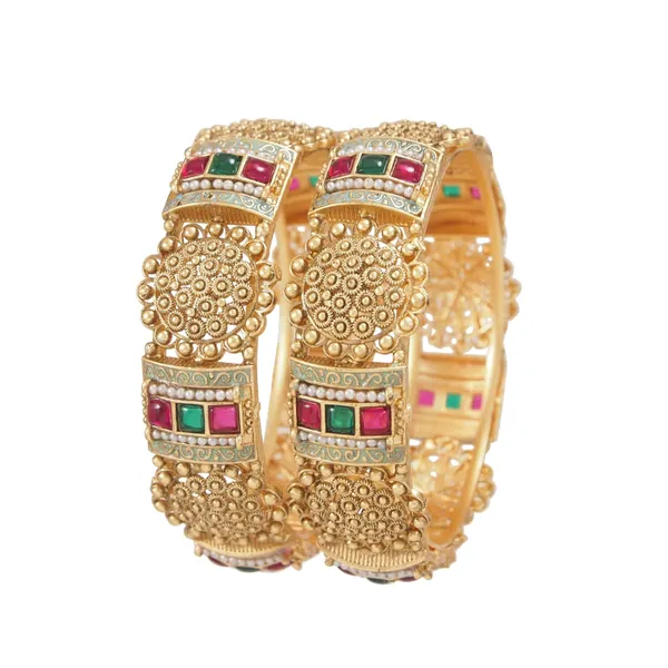 Antique_Gold_Plated_Bangles_With_Red_&_Green_Stone_And_Pearl_Detailing