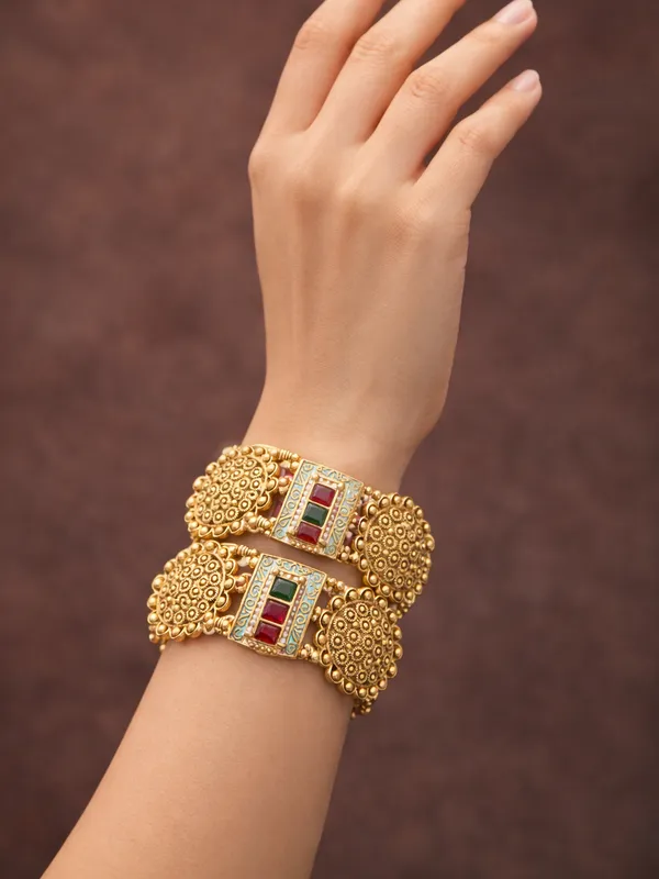 Antique_Gold_Plated_Bangles_With_Red_&_Green_Stone_And_Pearl_Detailing